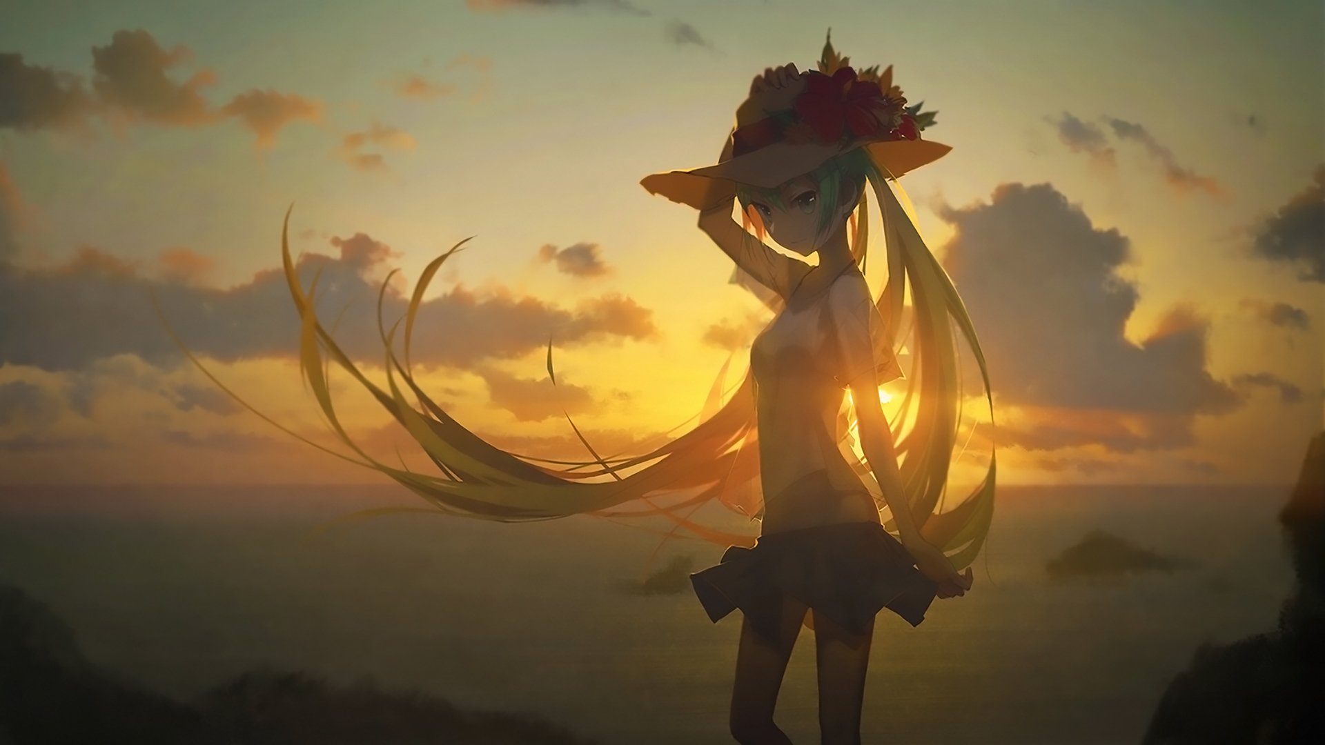 HD PC desktop wallpaper featuring Hatsune Miku from Vocaloid, depicted as an anime character silhouetted against a vibrant sunset sky.