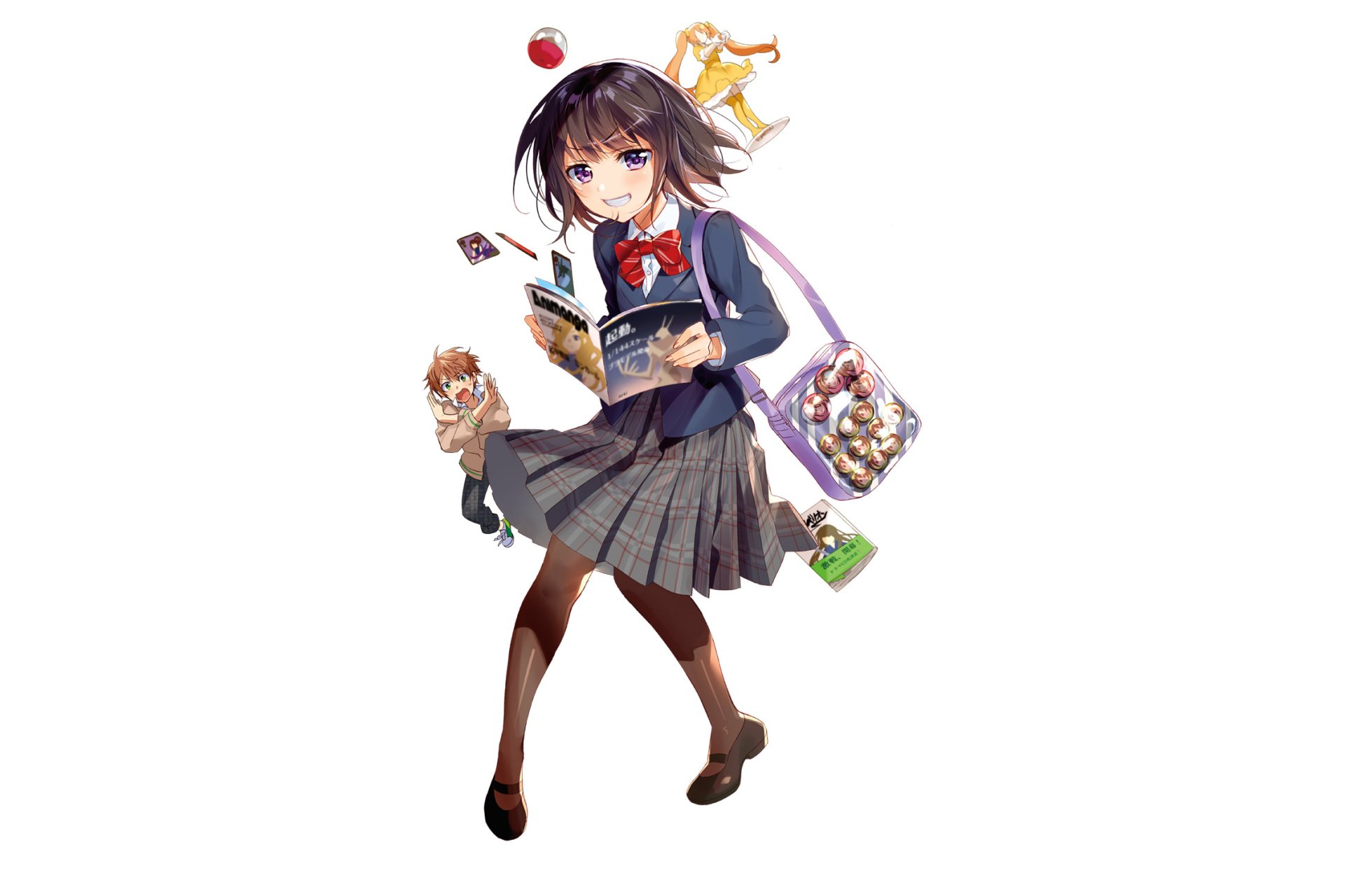 Anime original HD desktop wallpaper of a schoolgirl with short hair and purple eyes in a school uniform and thigh-highs, carrying a bag while reading a book.