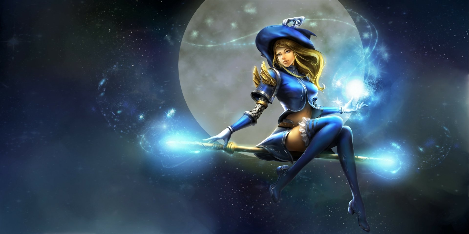 Lux from League of Legends dressed as a witch, flying on a broomstick with glowing magic, set against a large full moon on a Halloween-themed HD PC desktop wallpaper.