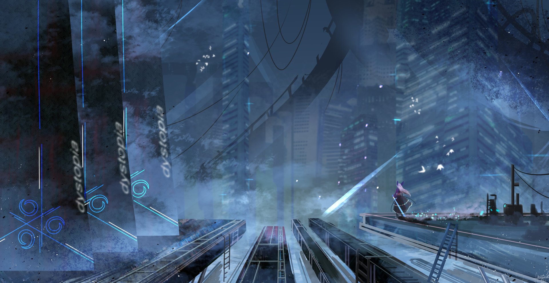 2K Quad HD anime-style sci‑fi fantasy cityscape: dust-filled neon streets, towering glowing pillars and an Anime bird perched on a rooftop — original Sci‑Fi/Anime desktop wallpaper.