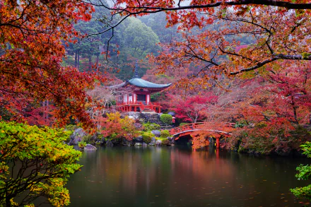 HD wallpaper of Daigo-ji Japanese garden in fall, featuring a colorful landscape with a serene pond, pagoda, and bridge.