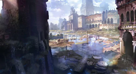 Fantasy HD PC desktop wallpaper depicting ancient ruins with towering castles under a cloudy sky, reflecting a forgotten, mystical world.