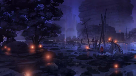 HD PC desktop wallpaper/background — moody fantasy landscape: misty rocky shore with ruined ships, glowing lanterns, towering cliffs and a lone red‑cloaked traveler.