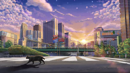 Anime-style HD original desktop wallpaper depicting a cityscape at sunset with detailed buildings, street elements, and a black cat crossing the road.