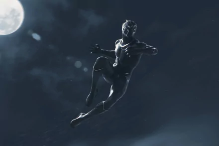 HD desktop wallpaper of Black Panther from Marvel Comics, featuring the character in a dynamic mid-air pose against a nighttime sky with a full moon in the background.