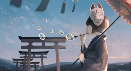 An anime girl in Japanese clothes stands with an open umbrella and mask, blowing bubbles. Torii gates and a picturesque sky serve as a backdrop in this HD desktop wallpaper.
