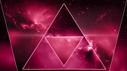 Artistic HD PC desktop wallpaper featuring glowing geometric triangles against a vibrant pink space background with stars and cosmic clouds.