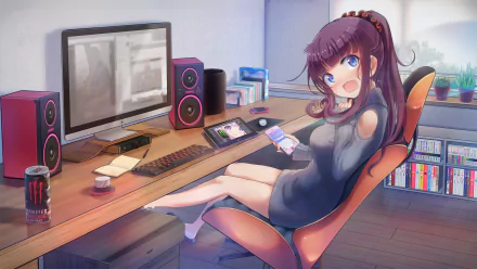 HD desktop wallpaper featuring Hifumi Takimoto from the anime New Game! sitting at a desk with a computer, tablet, and smartphone, surrounded by vibrant colors and detailed background elements.