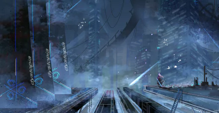 2K Quad HD anime-style sci‑fi fantasy cityscape: dust-filled neon streets, towering glowing pillars and an Anime bird perched on a rooftop — original Sci‑Fi/Anime desktop wallpaper.