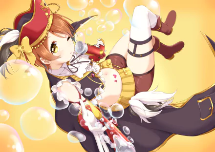 HD PC desktop wallpaper of Rin Hoshizora from Love Live!, in a colorful pirate-style outfit, smiling amid floating bubbles on a warm yellow background.