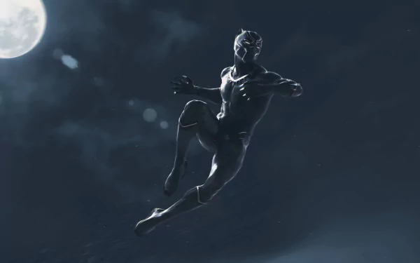 HD desktop wallpaper of Black Panther from Marvel Comics, featuring the character in a dynamic mid-air pose against a nighttime sky with a full moon in the background.
