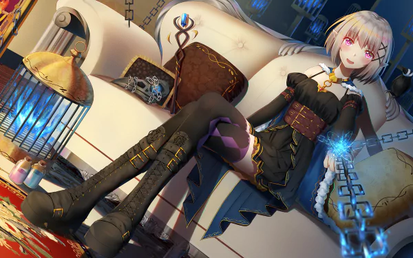 Anime-inspired HD desktop wallpaper featuring a character lounging on a plush couch, surrounded by magical elements and intricate details, creating an enchanting atmosphere.