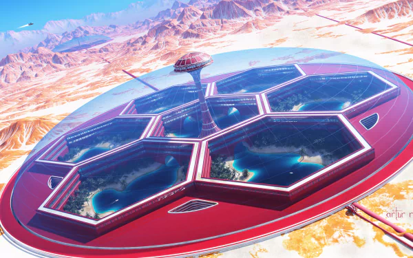 Futuristic sci-fi city with hexagonal water domes in a desert oasis, blending advanced technology and natural elements in a vibrant HD PC desktop wallpaper.