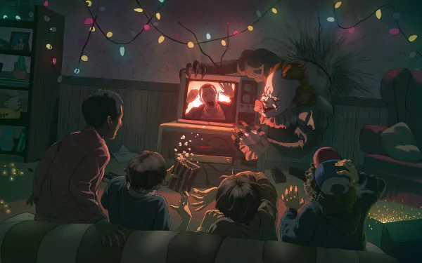 An HD desktop wallpaper showing children watching a movie, with Pennywise the clown from the movie It (2017) emerging from the TV screen, surrounded by colorful string lights in a dimly lit room.
