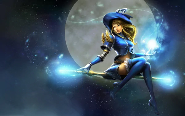 Lux from League of Legends dressed as a witch, flying on a broomstick with glowing magic, set against a large full moon on a Halloween-themed HD PC desktop wallpaper.