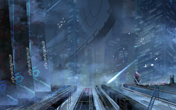 2K Quad HD anime-style sci‑fi fantasy cityscape: dust-filled neon streets, towering glowing pillars and an Anime bird perched on a rooftop — original Sci‑Fi/Anime desktop wallpaper.