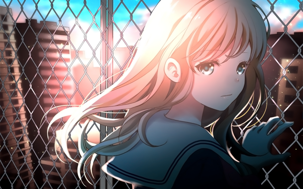 Anime Original Schoolgirl Blue Eyes Fence School Uniform HD Wallpaper | Background Image