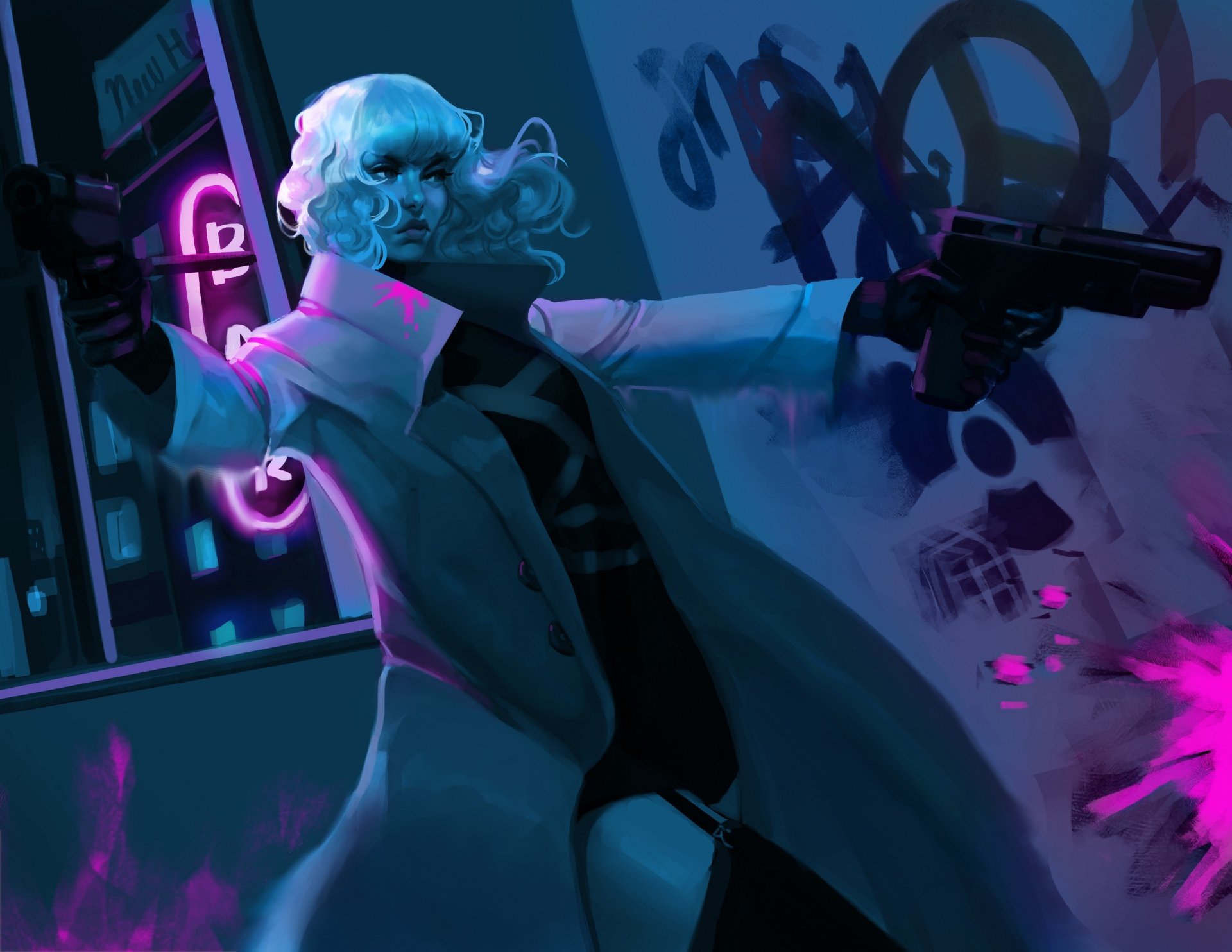 Night 2K Quad HD desktop wallpaper of a short white-haired woman in a trench coat dual-wielding pistols amid neon graffiti — stylized action scene evoking the movie Atomic Blonde