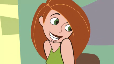 HD PC desktop wallpaper: cartoon Kim Possible from the Disney TV show smiling in a green top against an abstract green and gray background.