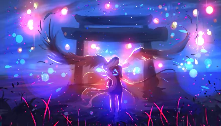 Fantasy anime scene with a glowing angel with wings in front of a torii gate, surrounded by colorful ethereal lights. HD desktop wallpaper and background.