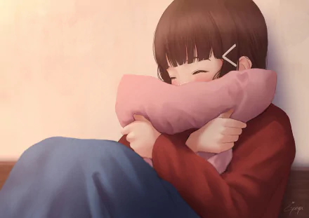 Anime HD desktop wallpaper of Dia Kurosawa from Love Live! Sunshine!! hugging a pink pillow with eyes closed and a peaceful expression.