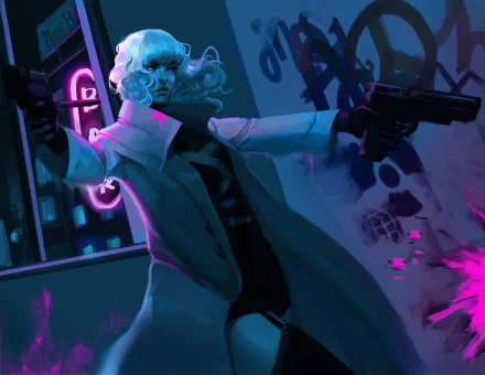 Night 2K Quad HD desktop wallpaper of a short white-haired woman in a trench coat dual-wielding pistols amid neon graffiti — stylized action scene evoking the movie Atomic Blonde