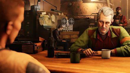 B.J. Blazkowicz from Wolfenstein II: The New Colossus sits at a table in a dimly lit room, rendered in HD for a PC desktop wallpaper and background.