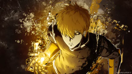 HD desktop wallpaper featuring Genos from the anime One-Punch Man. The image showcases Genos with a monochromatic and splatter art style, highlighting his determined expression and advanced cybernetic enhancements.