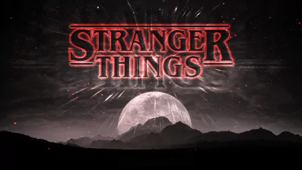 HD desktop wallpaper featuring the Stranger Things logo in red against a dark, eerie background with a glowing moon and silhouetted mountains.