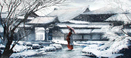 An anime-style winter scene of a snow-covered house surrounded by trees. A person with an umbrella stands outside. HD desktop wallpaper and background.