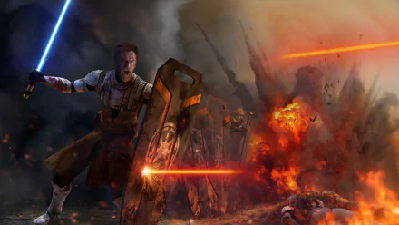Obi-Wan Kenobi wields a blue lightsaber and shield amidst an intense Star Wars battle, with explosions and blaster fire lighting up the sci-fi scene in this HD desktop wallpaper.