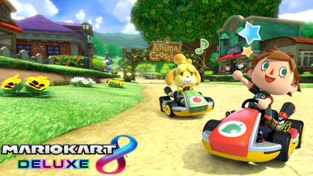 HD PC desktop wallpaper featuring characters from Animal Crossing racing in Mario Kart 8 Deluxe on a sunny, vibrant track with lush greenery and colorful buildings.