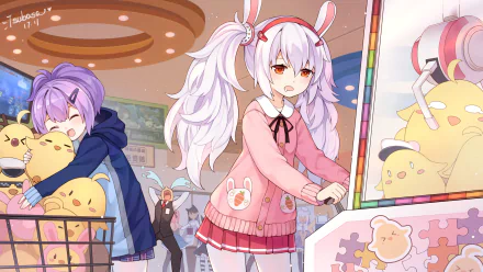 HD anime desktop wallpaper featuring Laffey and Javelin from Azur Lane in a cute arcade setting with vibrant colors and character detailing.