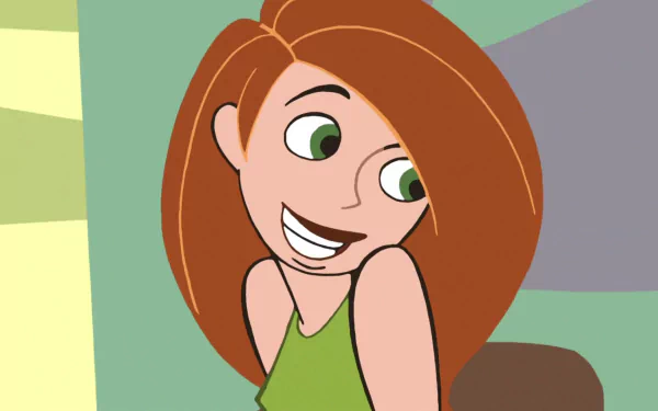 HD PC desktop wallpaper: cartoon Kim Possible from the Disney TV show smiling in a green top against an abstract green and gray background.