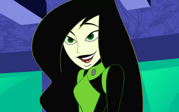 Shego from the TV show Kim Possible smirks in her green-and-black suit against teal and purple geometric shapes — HD PC desktop wallpaper/background.