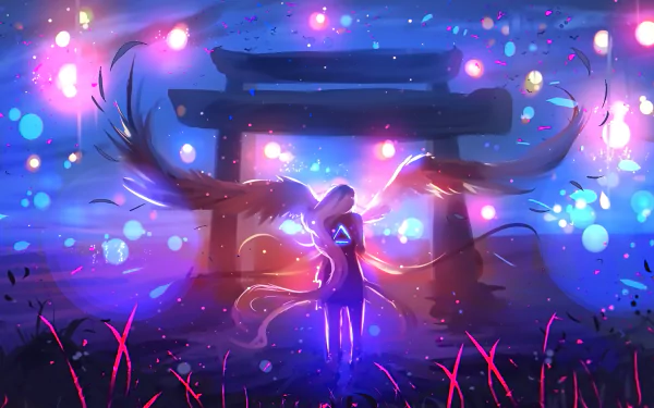 Fantasy anime scene with a glowing angel with wings in front of a torii gate, surrounded by colorful ethereal lights. HD desktop wallpaper and background.