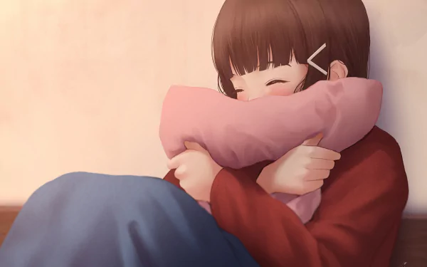 Anime HD desktop wallpaper of Dia Kurosawa from Love Live! Sunshine!! hugging a pink pillow with eyes closed and a peaceful expression.