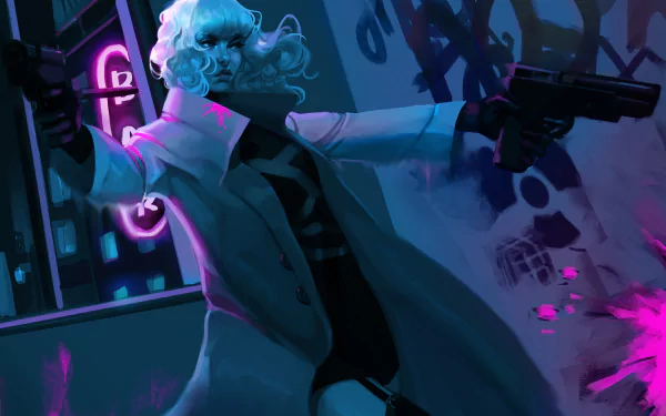Night 2K Quad HD desktop wallpaper of a short white-haired woman in a trench coat dual-wielding pistols amid neon graffiti — stylized action scene evoking the movie Atomic Blonde