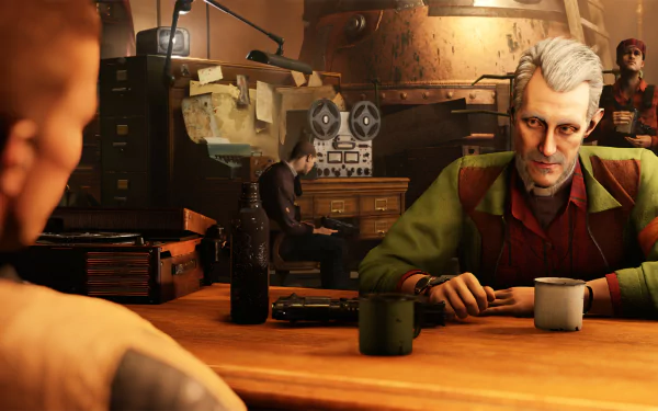 B.J. Blazkowicz from Wolfenstein II: The New Colossus sits at a table in a dimly lit room, rendered in HD for a PC desktop wallpaper and background.