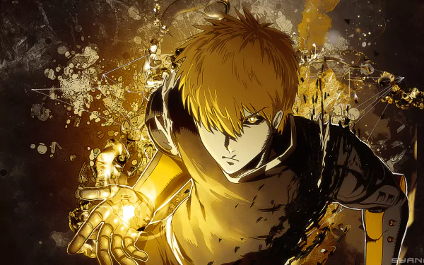 HD desktop wallpaper featuring Genos from the anime One-Punch Man. The image showcases Genos with a monochromatic and splatter art style, highlighting his determined expression and advanced cybernetic enhancements.
