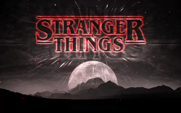 HD desktop wallpaper featuring the Stranger Things logo in red against a dark, eerie background with a glowing moon and silhouetted mountains.