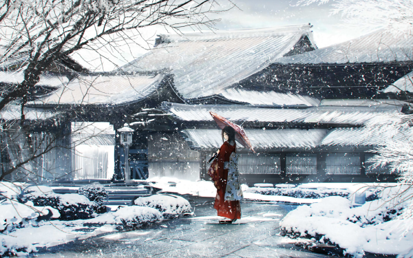 house tree umbrella snow cold Anime winter HD Desktop Wallpaper | Background Image