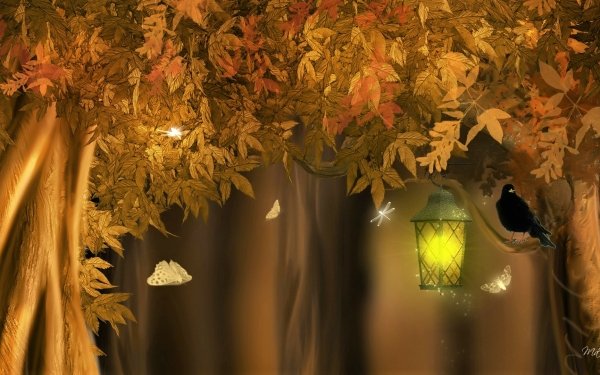 Artistic Fall Tree Raven Lantern Dragonfly Butterfly HD Wallpaper | Background Image