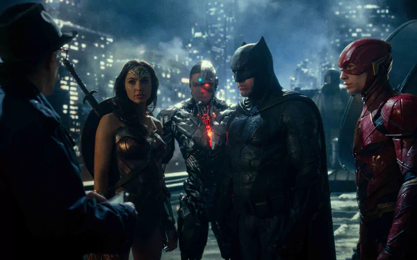 HD desktop wallpaper featuring Ray Fisher as Cyborg, Ben Affleck as Batman, Ezra Miller as Flash, and Gal Gadot as Wonder Woman from the Justice League movie.
