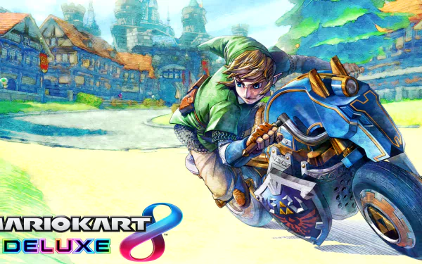 HD desktop wallpaper featuring Link from The Legend of Zelda racing on a motorcycle in Mario Kart 8 Deluxe, set against a vibrant, detailed background.