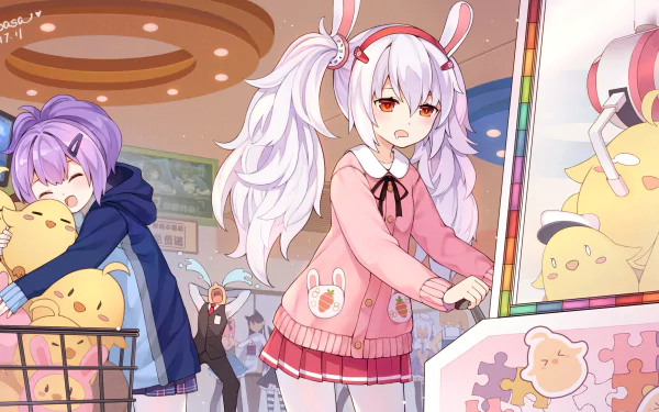 HD anime desktop wallpaper featuring Laffey and Javelin from Azur Lane in a cute arcade setting with vibrant colors and character detailing.
