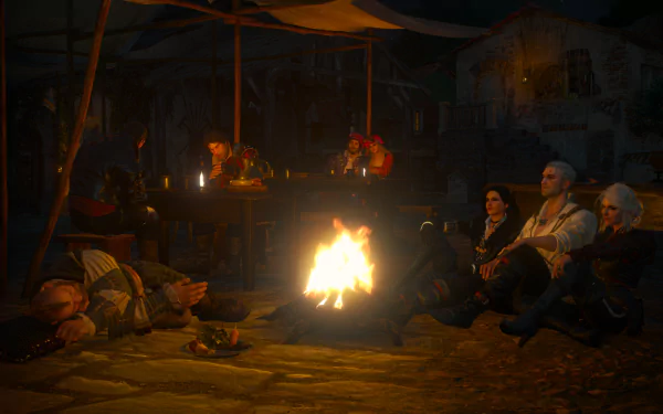 HD desktop wallpaper from The Witcher 3: Wild Hunt featuring Yennefer of Vengerberg, Ciri, and Geralt of Rivia sitting around a campfire at night in a cozy medieval setting.
