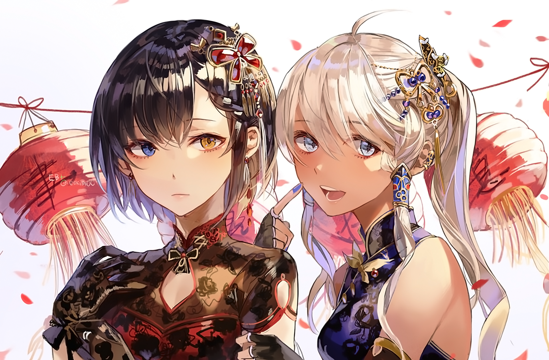 Anime artwork featuring two characters with heterochromia—one with black hair and one with white hair—standing in front of lanterns. The image is a high-definition desktop wallpaper and background.