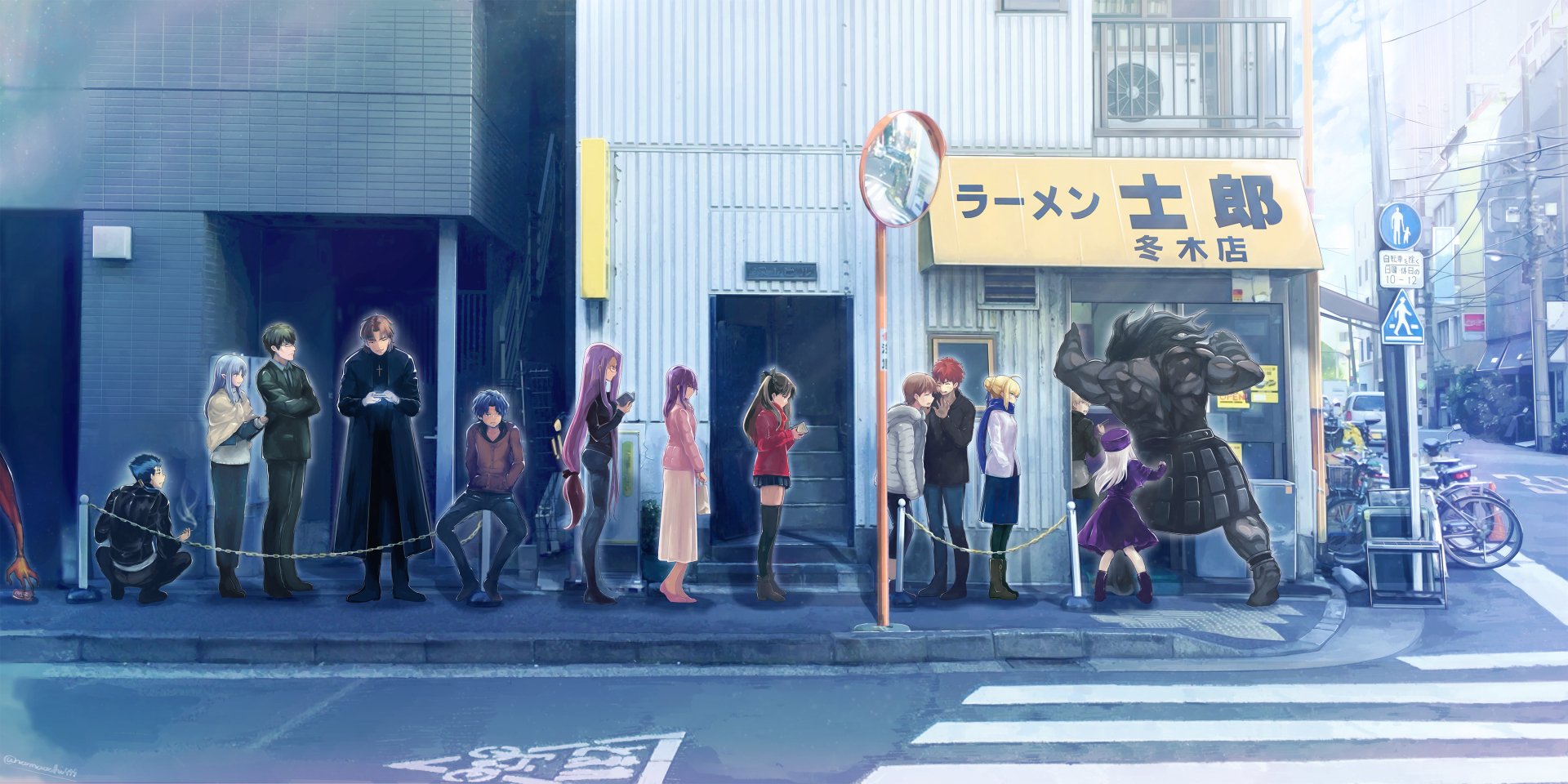 HD desktop wallpaper featuring characters from Fate/Stay Night, including Rin Tohsaka, Saber, Rider, Shinji Matou, Sakura Matou, and others, standing in line outside a ramen shop on an urban street.