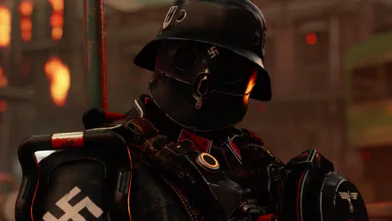 HD desktop wallpaper and background from the video game Wolfenstein II: The New Colossus, featuring a menacing soldier in dark armor with a gas mask, against a backdrop of fire and destruction.